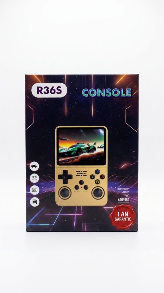 Console de jeu portable R36S noire avec écran 3,5 pouces et double joystick