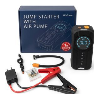 Booster de batterie et compresseur d'air 2-en-1 avec pinces et accessoires