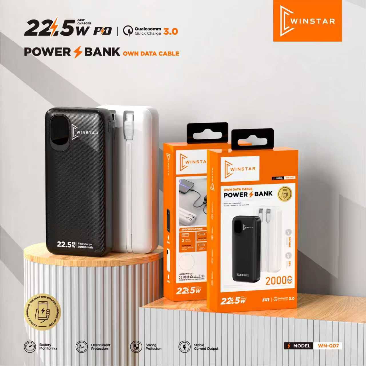Batterie Externe Winstar WN-007 20000mAh 22.5W avec Câbles Intégrés Batterie Externe Winstar WN-007 20000mAh 22.5W avec Câbles Intégrés