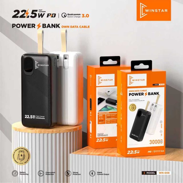Batterie Externe Winstar WN-008 30000mAh 22.5W avec câbles intégrés