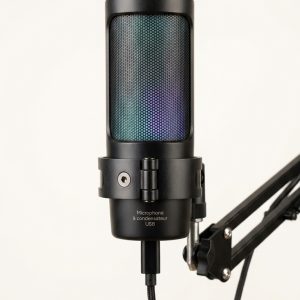 Microphone à condensateur USB avec éclairage RGB et bras articulé sur support de bureau