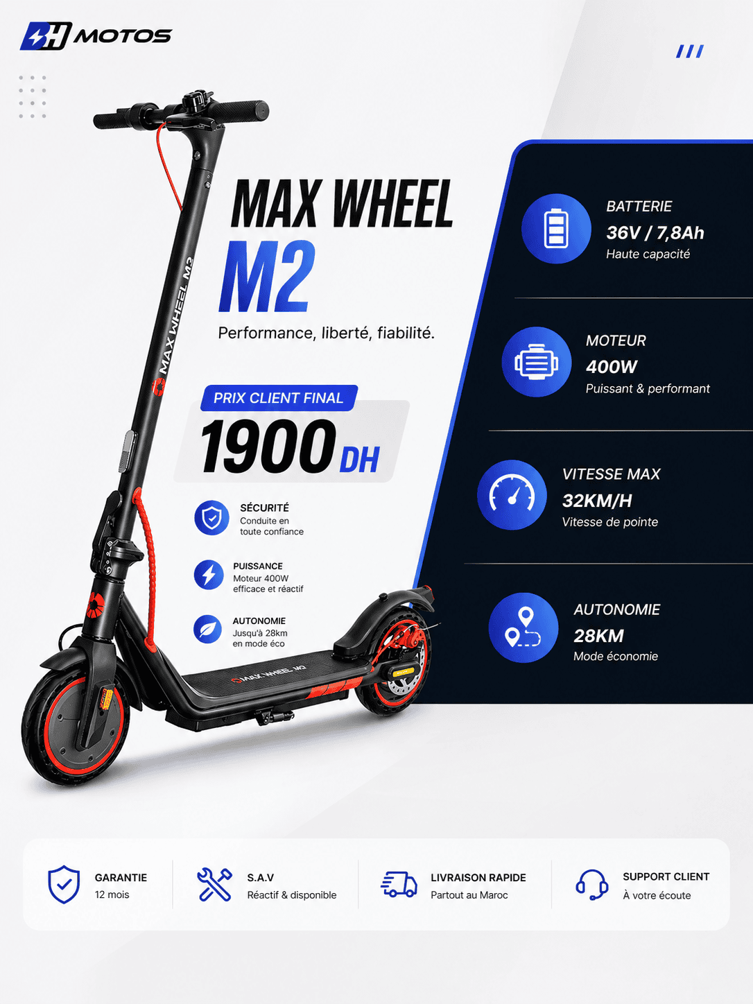 MAX WHEEL M2 trottinette électrique Maroc MAXWHEEL M2 M2 Trottinette Électrique 400W 36V 7.8Ah