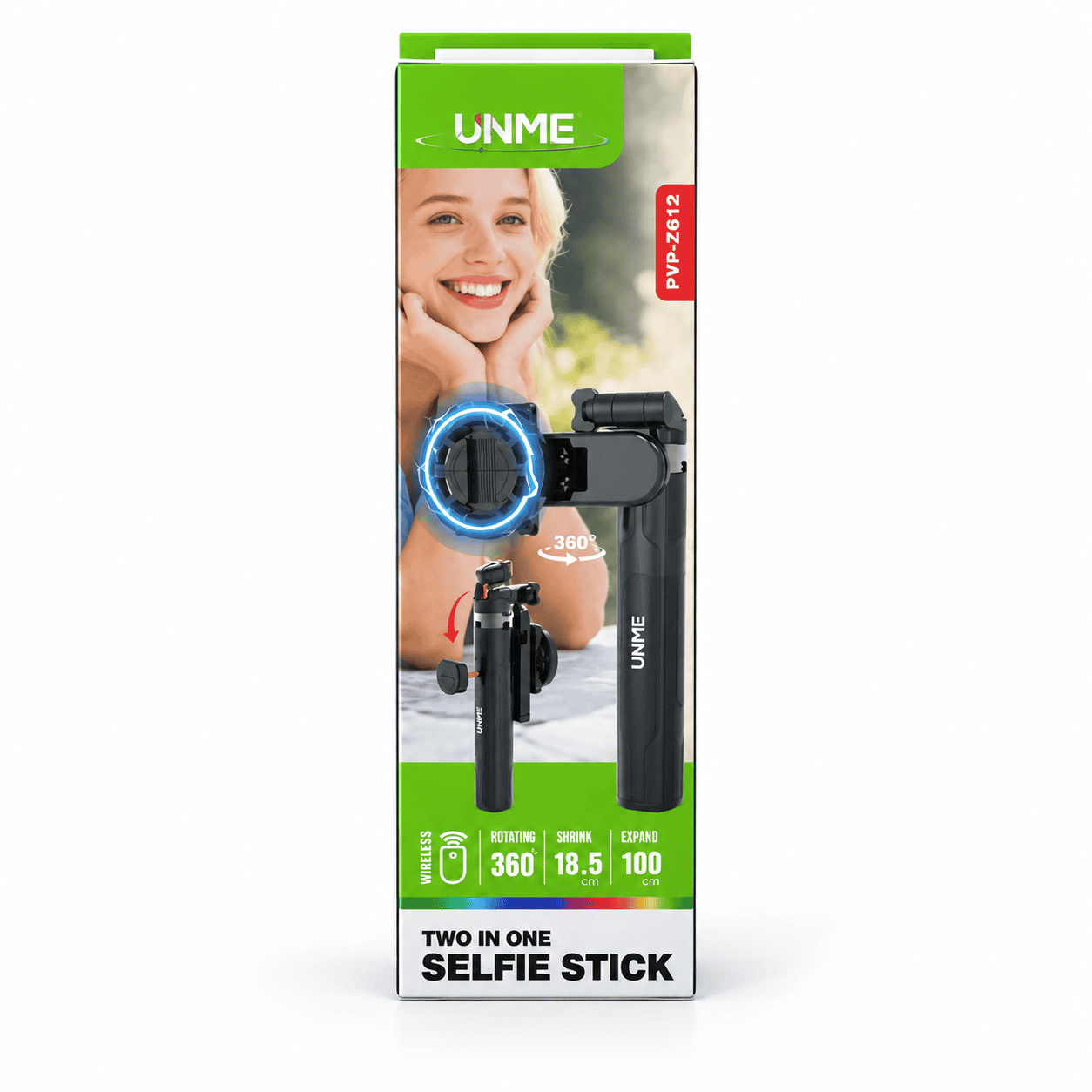 UNME Selfie Stick Retail Box Perche à selfie 2-en-1 UNME PYP-Z512 avec trépied