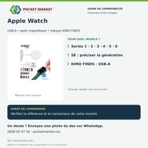 Chargeur magnétique USB-A KIMO FINDS pour Apple Watch Series 1 à 6 et SE