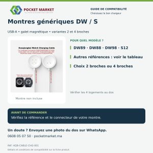 Chargeur magnétique USB pour montres connectées DW89 DW88 DW98 S12