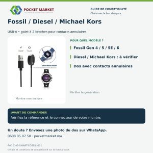 Chargeur magnétique USB pour montre connectée Fossil Gen 4, 5, 5E et 6