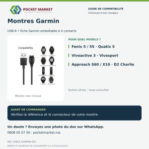 Câble chargeur USB 4 contacts pour Garmin Fenix 5 et Vivoactive 3