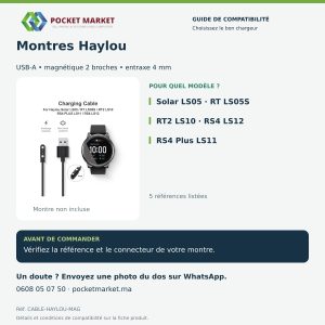 Chargeur magnétique USB pour montre connectée Haylou Solar LS05, RT, RT2, RS4 et RS4 Plus
