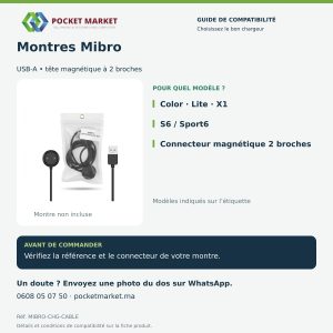 Câble chargeur magnétique USB pour montre connectée Mibro Color Lite X1 S6