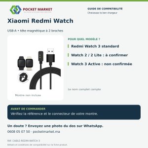 Chargeur Redmi Watch 3 câble USB magnétique 2 broches
