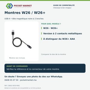 Câble de charge USB magnétique 2 broches pour montre connectée W26 et W26+