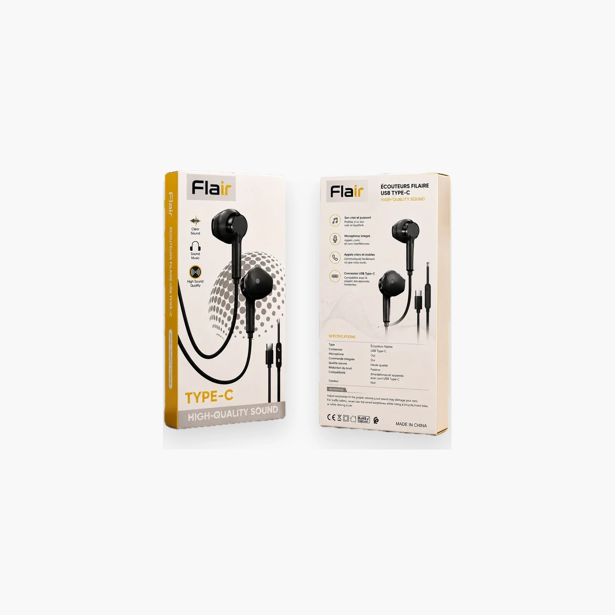 سماعات أذن سلكية USB-C من Flair - صوت واضح وميكروفون مدمج - توافق عالمي - أسود/أبيض Écouteurs filaires Flair USB-C