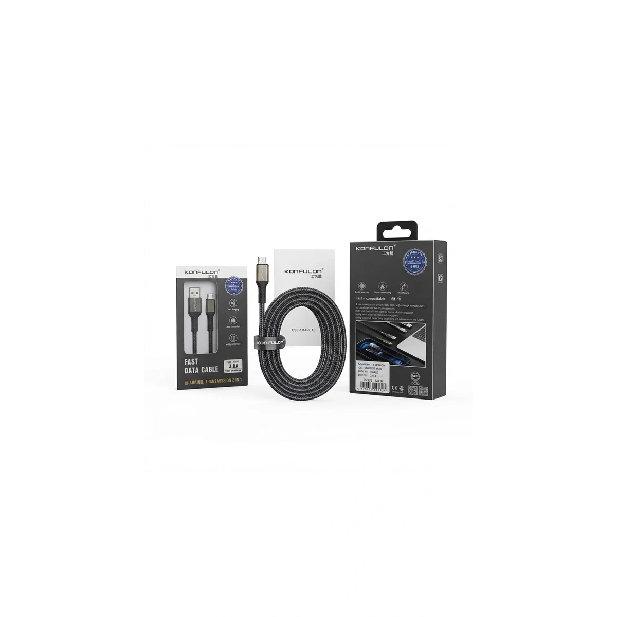 كابل بيانات سريع كونفولون DC32 ميكرو USB 3.0 أمبير - شحن ونقل بيانات سريع Câble Konfulon DC32 Micro-USB 3 A tressé avec connecteurs USB-A et attache velcro