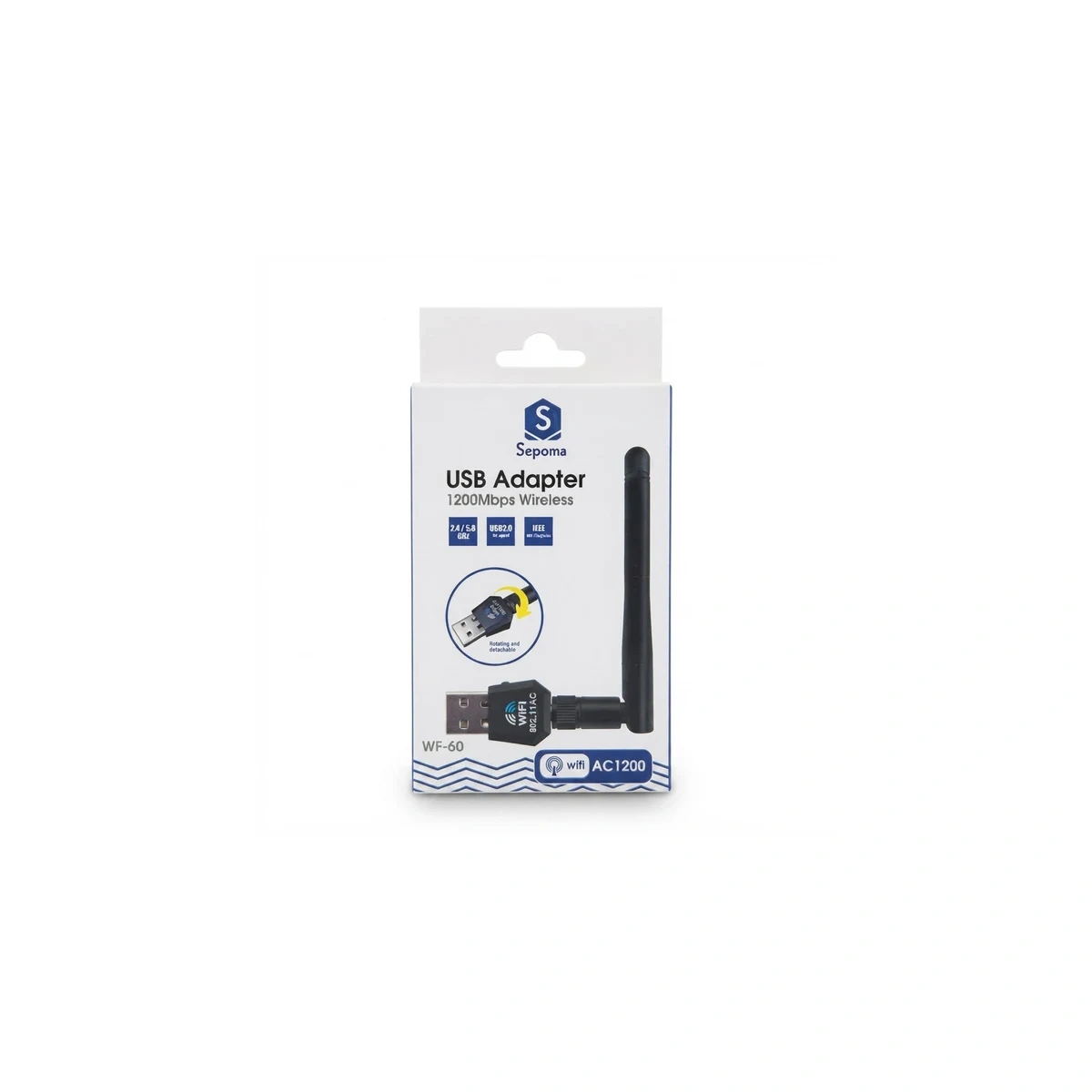 محول USB واي فاي سيبوما WF60 بسرعة 1200 ميجابت في الثانية ثنائي النطاق مع هوائي قابل للفصل Équipement réseau Sepoma USB WF60 1200 Maroc