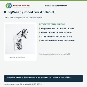 KingWear et montres Android à 4 contacts : KingWear KW18 · KW88 · KW98, KW08 · KW99 · KW28 · KW06, GT88 · GT68 · AllCall W1 / W2, Autres modèles dans le tableau
